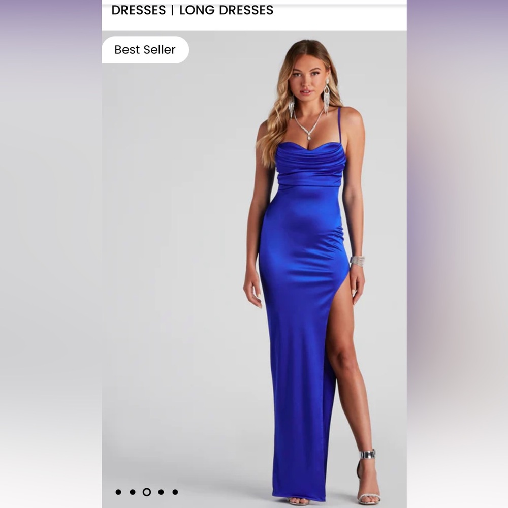 Windsor, Blue floor length dress, high slit, satin material, cowl neckline
